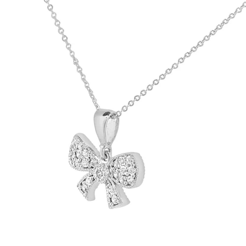 9ct White Gold Bow Pendant Necklace