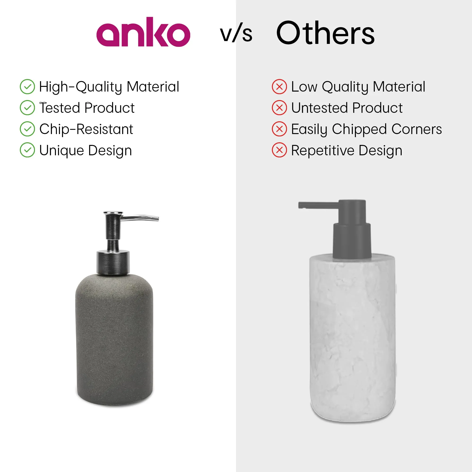 Anko Ceramic, Bamboo & Plastic Soap Dispenser- Set of 2 | Rust-Proof, Leak-Proof, Moisture-Resistant | Matte Finish, Easy to Clean (White Shell)