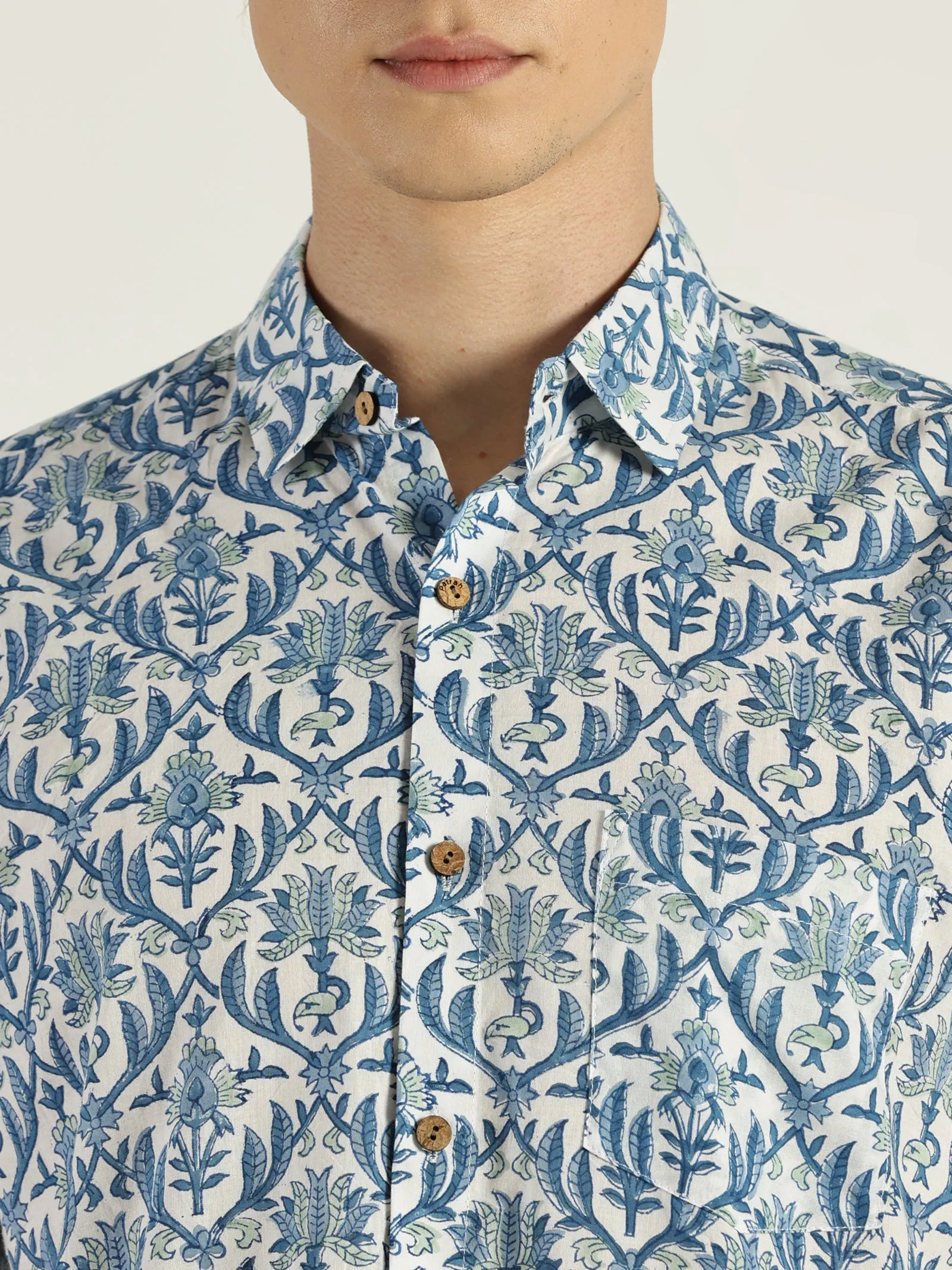 Blue Pottery Block Printed Halfsleeves Cotton Shirt
