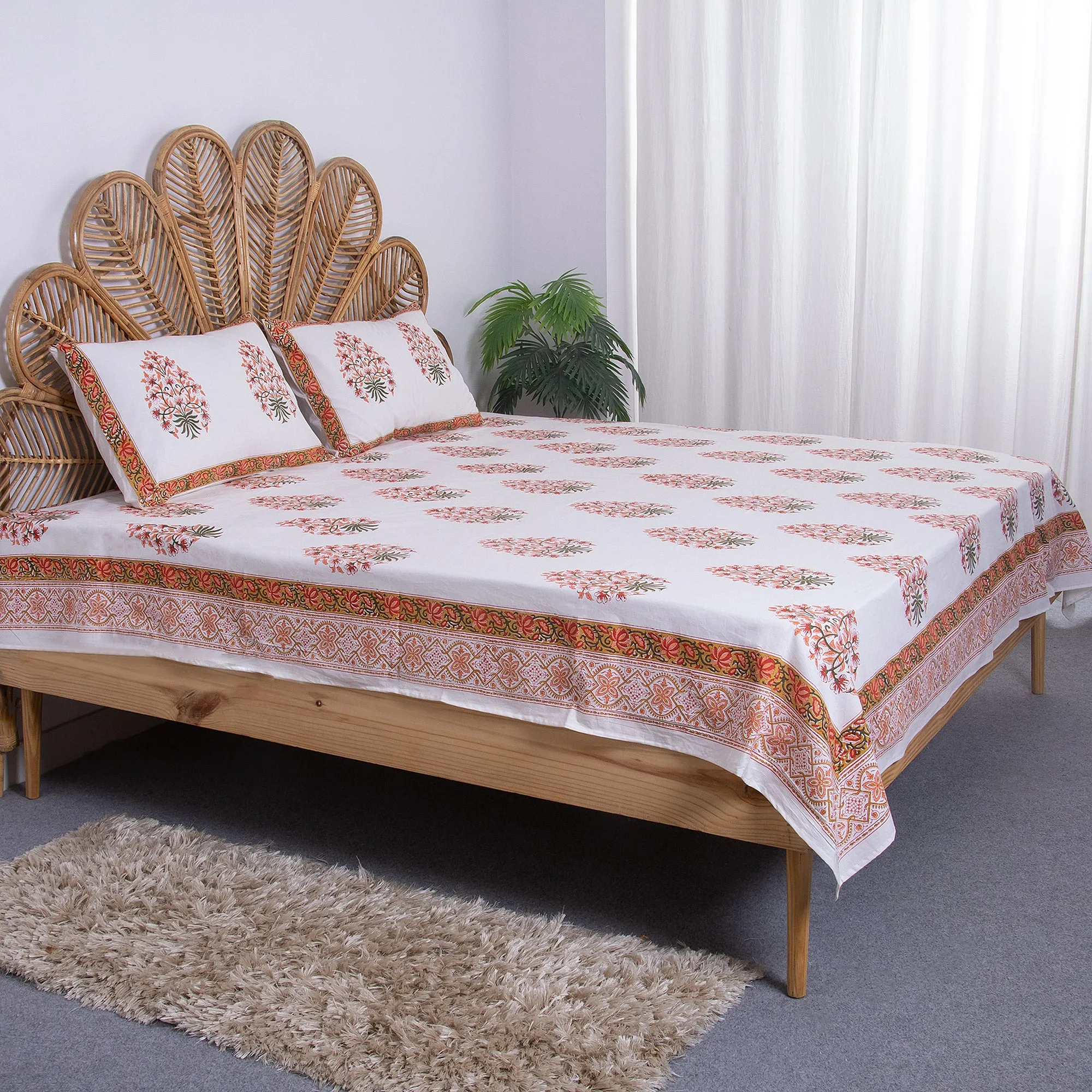 Boota Floral Printed Soft Cotton Block Print Bedsheets With Pillow Cover