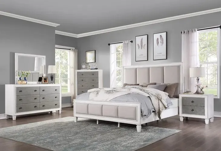 Branson King Bed, Light Gray Linen, Rustic Gray & Weathered White Finish