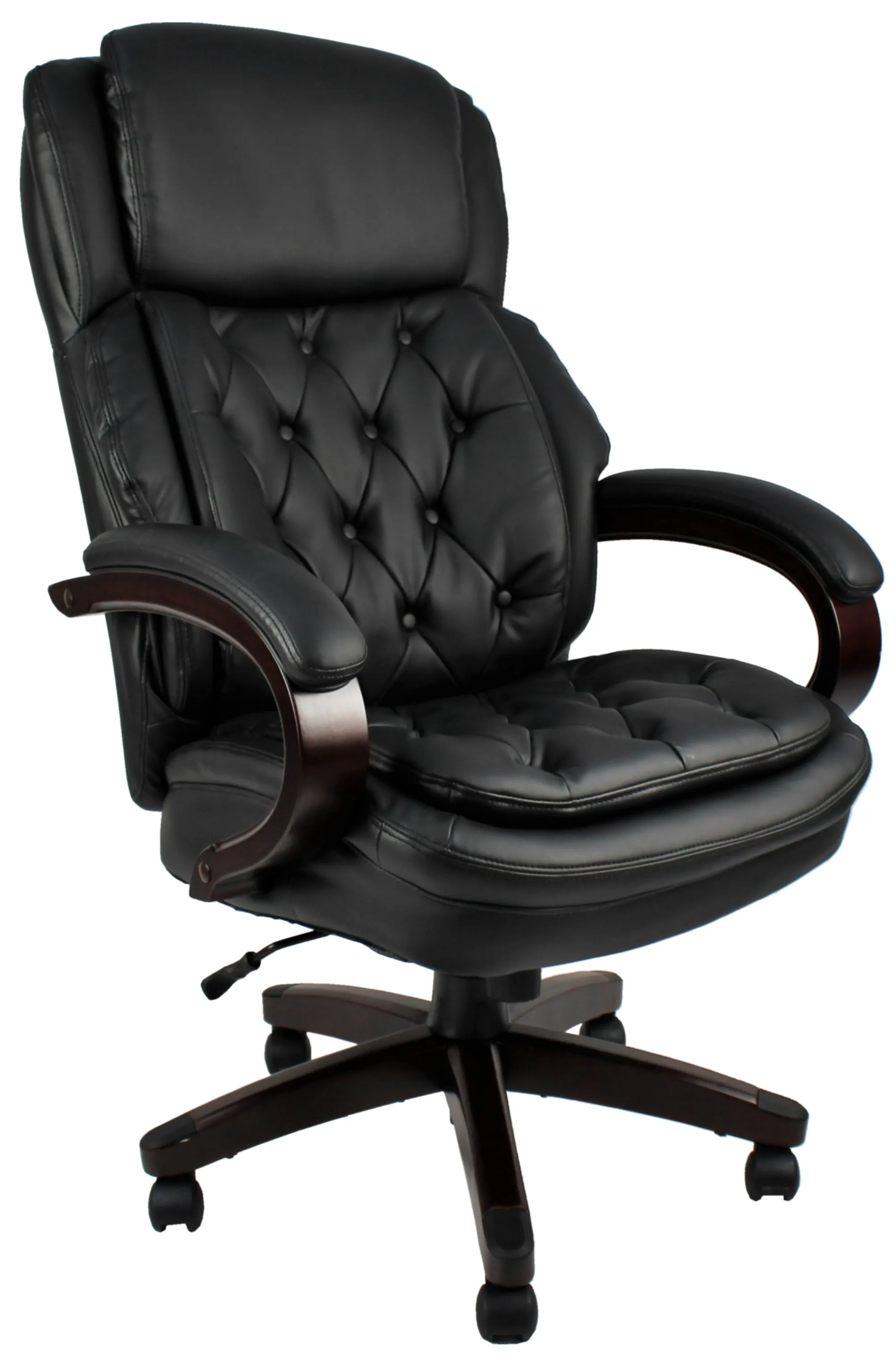 Chesterfield Design Black Leather Executive Office Chair with Mahogany Arms - 2027E