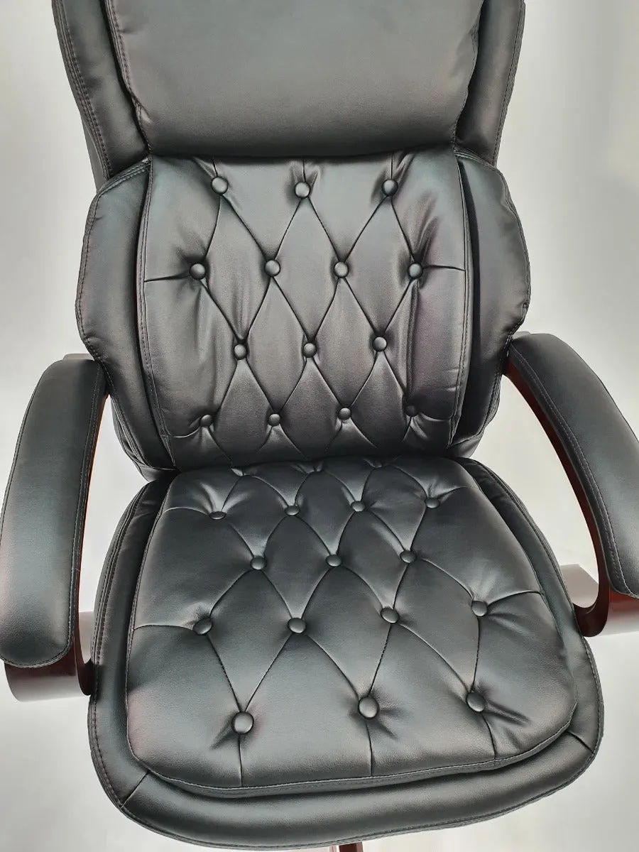 Chesterfield Design Black Leather Executive Office Chair with Mahogany Arms - 2027E