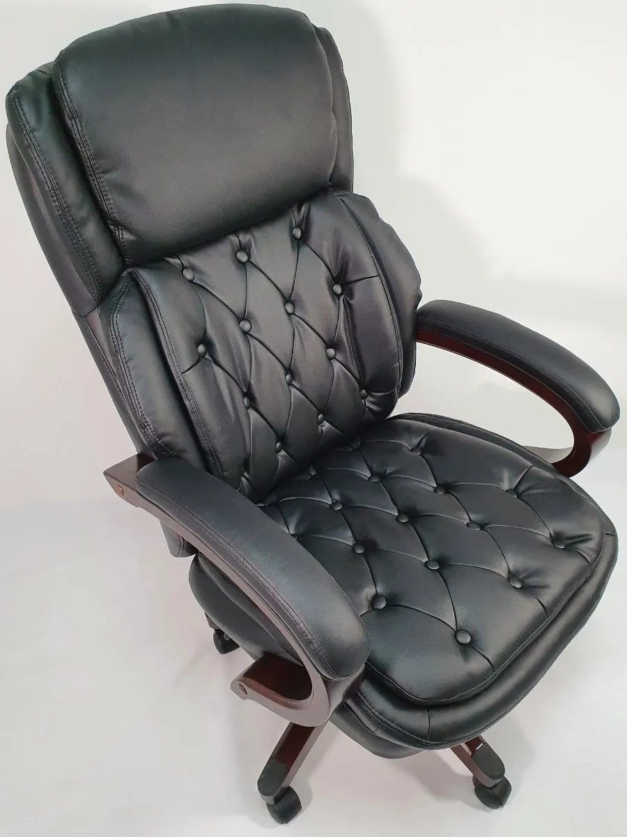 Chesterfield Design Black Leather Executive Office Chair with Mahogany Arms - 2027E