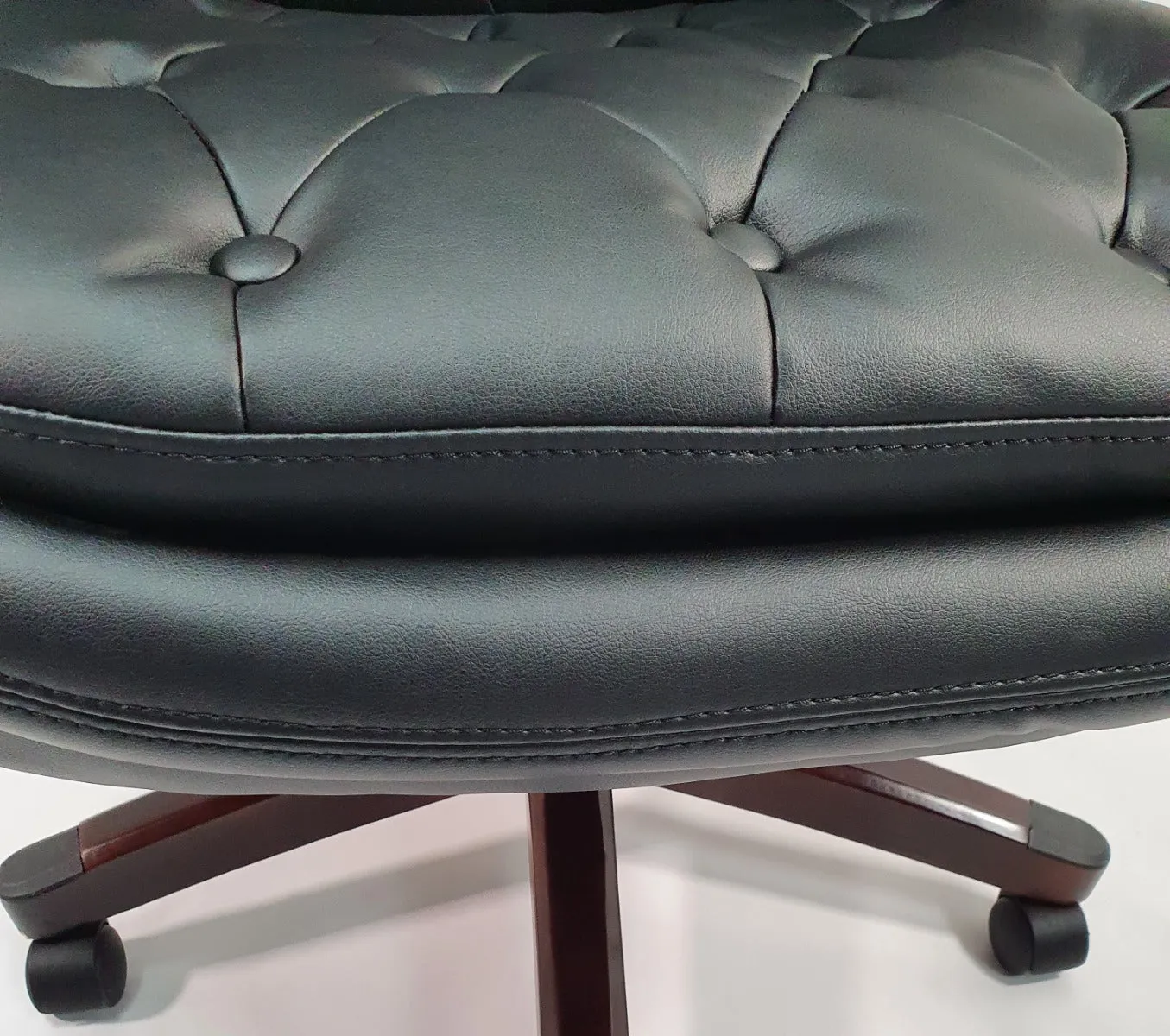 Chesterfield Design Black Leather Executive Office Chair with Mahogany Arms - 2027E