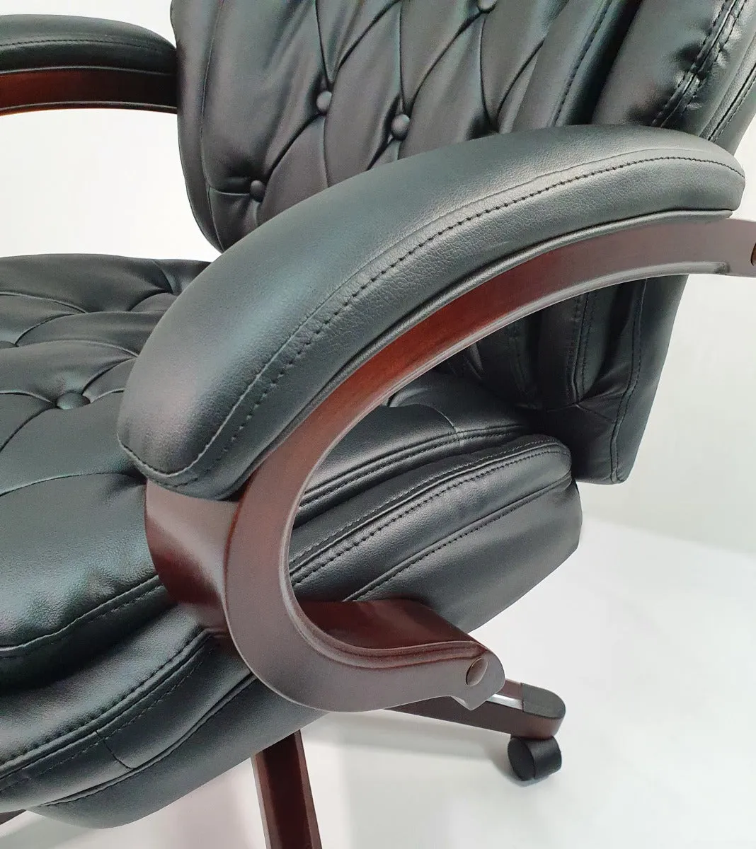 Chesterfield Design Black Leather Executive Office Chair with Mahogany Arms - 2027E