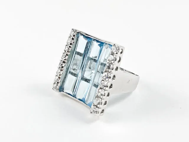 Classic Elegant Curve Square 3 Row Detailed Cut Aquamarine CZs Silver Ring