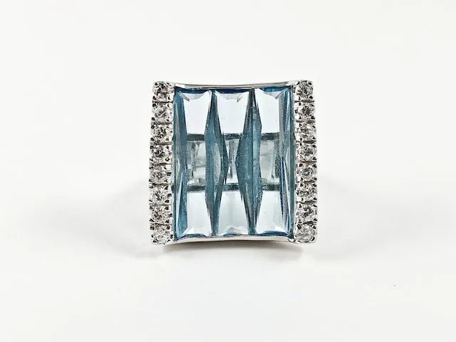 Classic Elegant Curve Square 3 Row Detailed Cut Aquamarine CZs Silver Ring