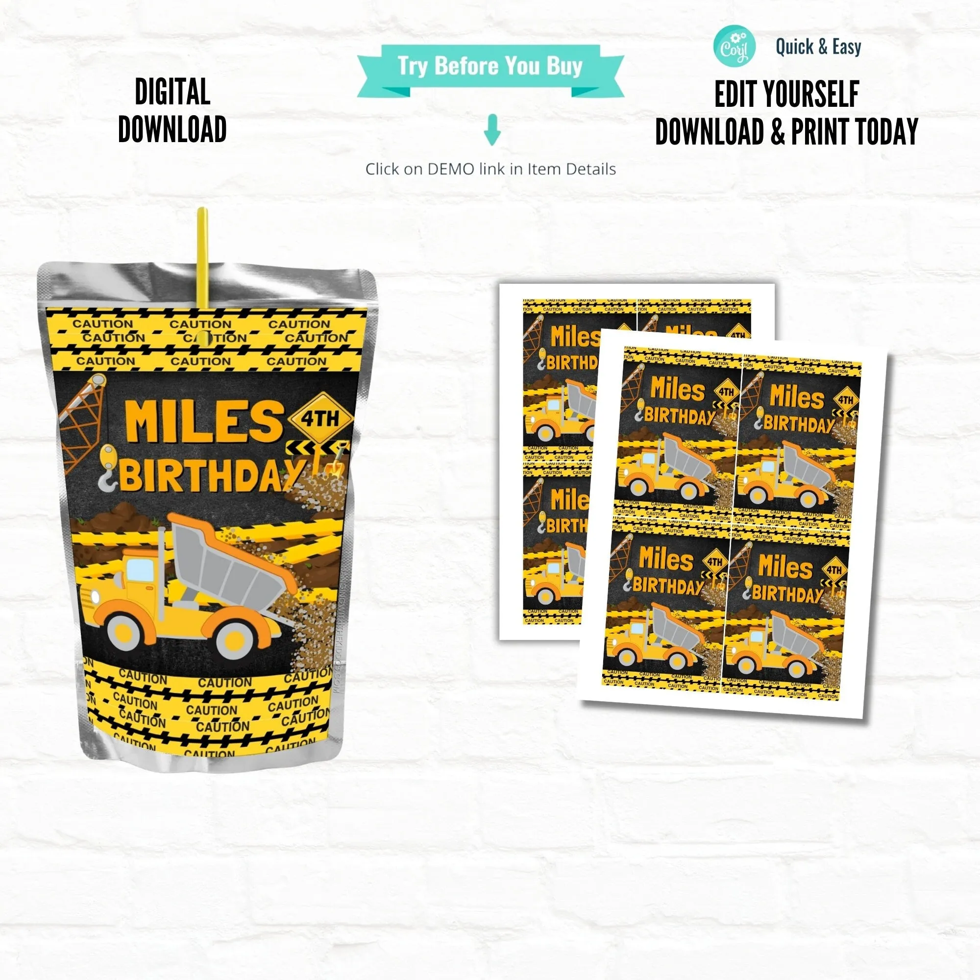 Construction Birthday Customizable Juice Pouch Labels|Construction Party Favors Juice Pouches