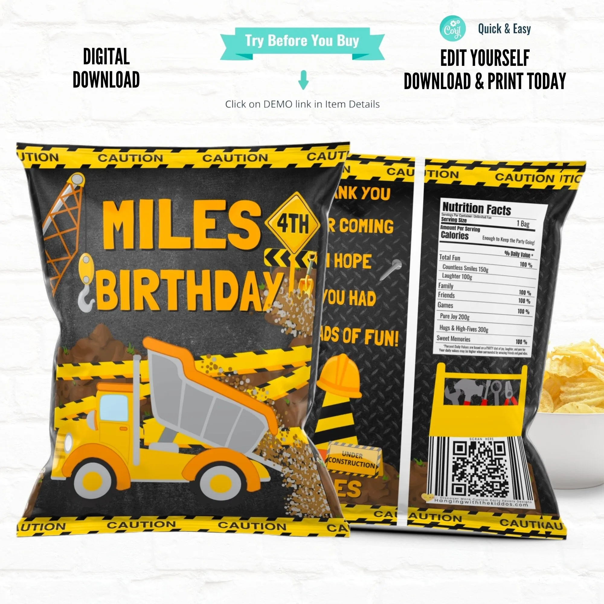 Construction Birthday Customizable Juice Pouch Labels|Construction Party Favors Juice Pouches