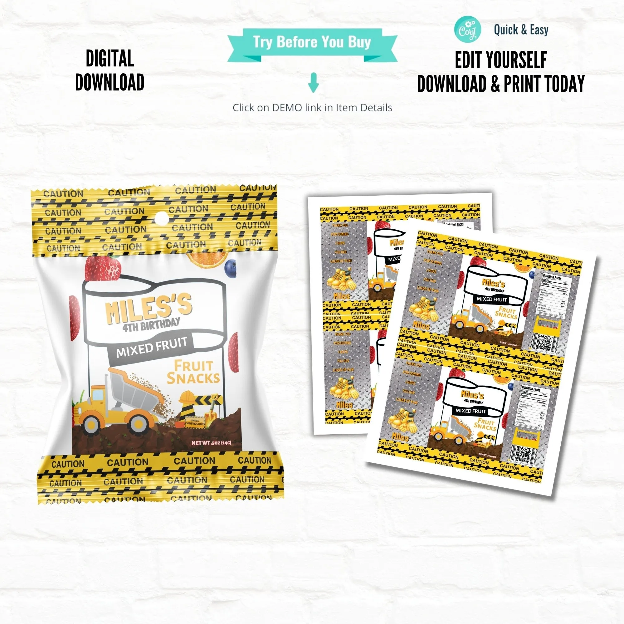 Construction Birthday Customizable Juice Pouch Labels|Construction Party Favors Juice Pouches