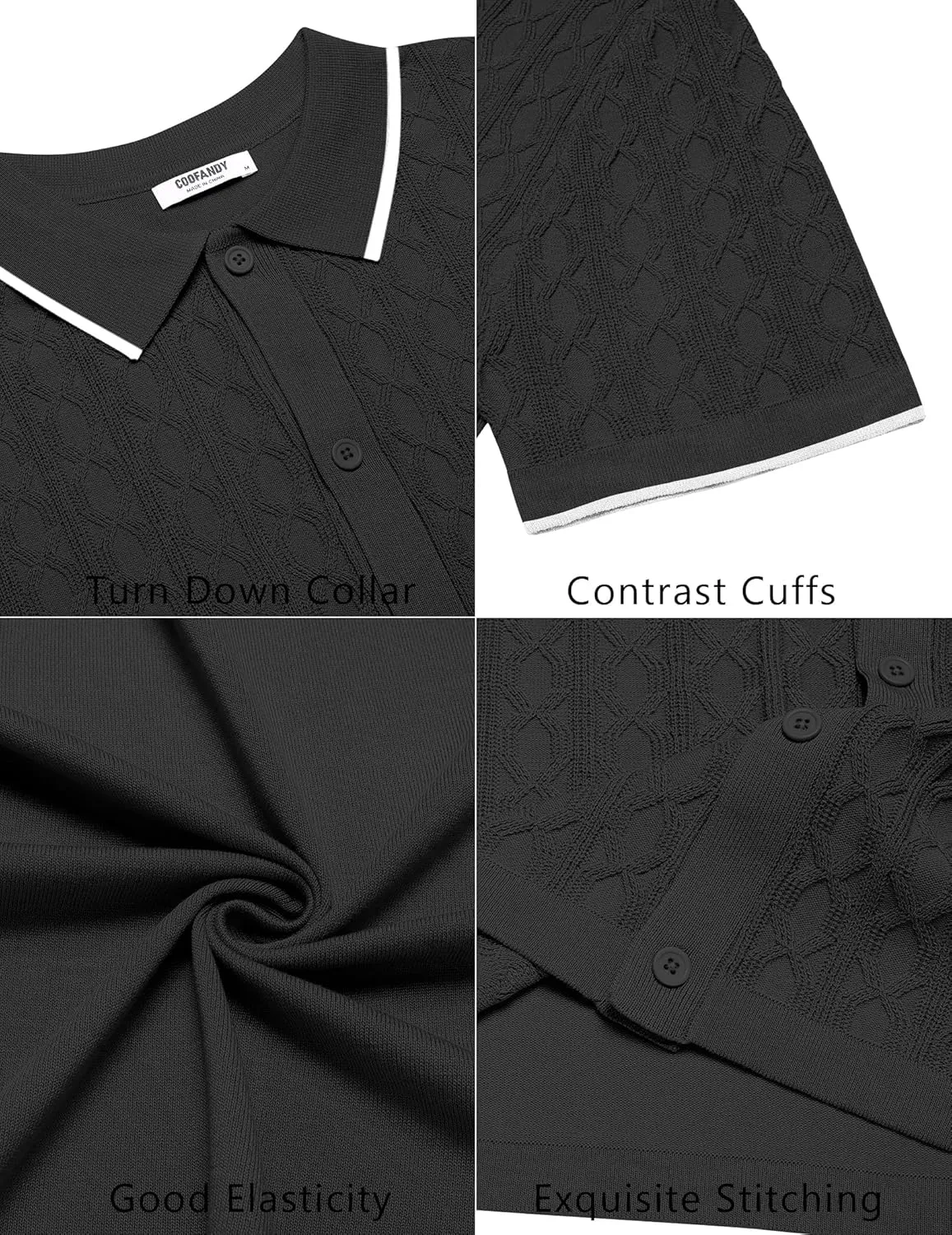 COOFANDY Men's Knit Short Sleeve Shirts Button Down Vintage Knitted Polo Shirt Casual Beach Crochet Cable Vacation Shirt