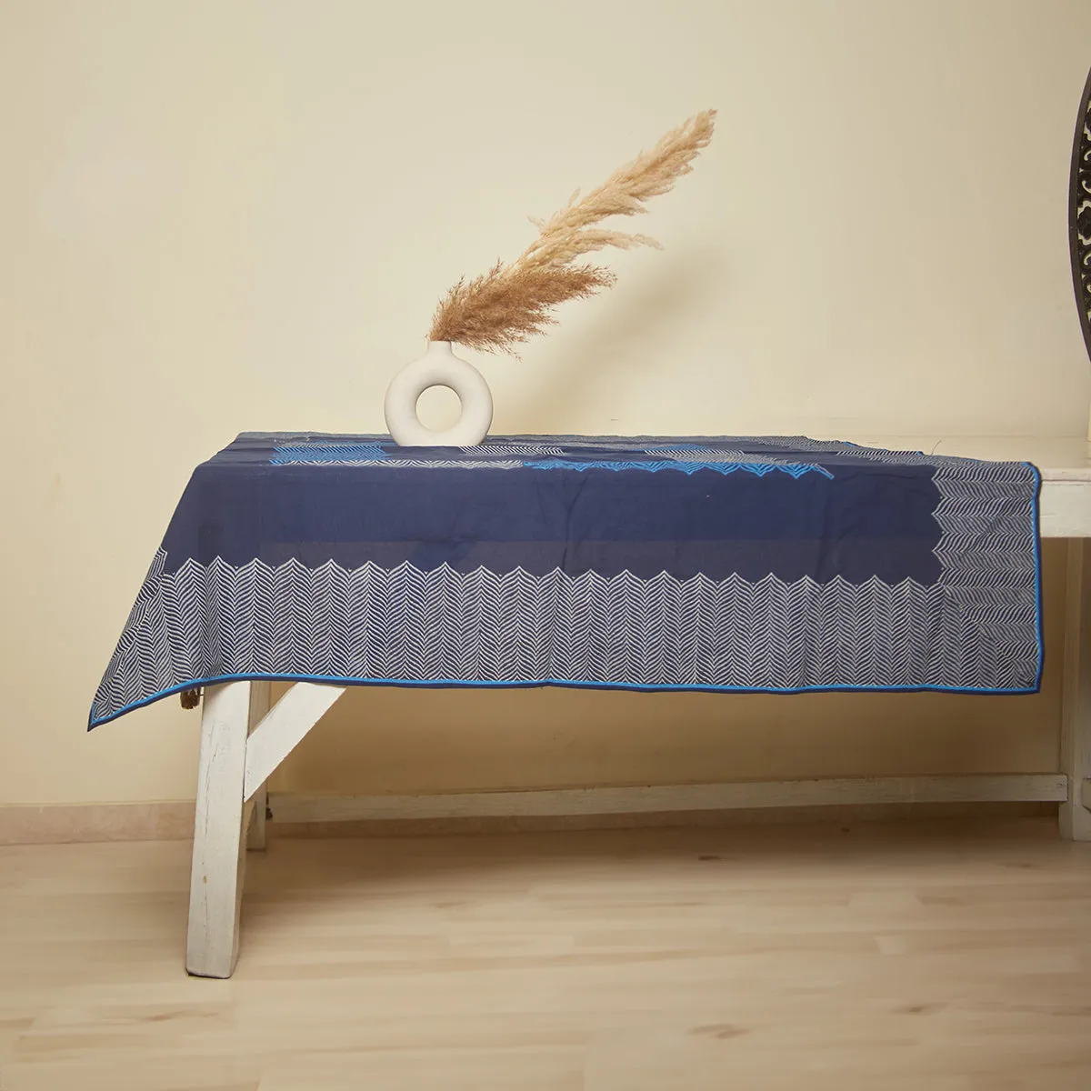 Cotton Table Cover With Border | Block Printed | Cobalt Blue