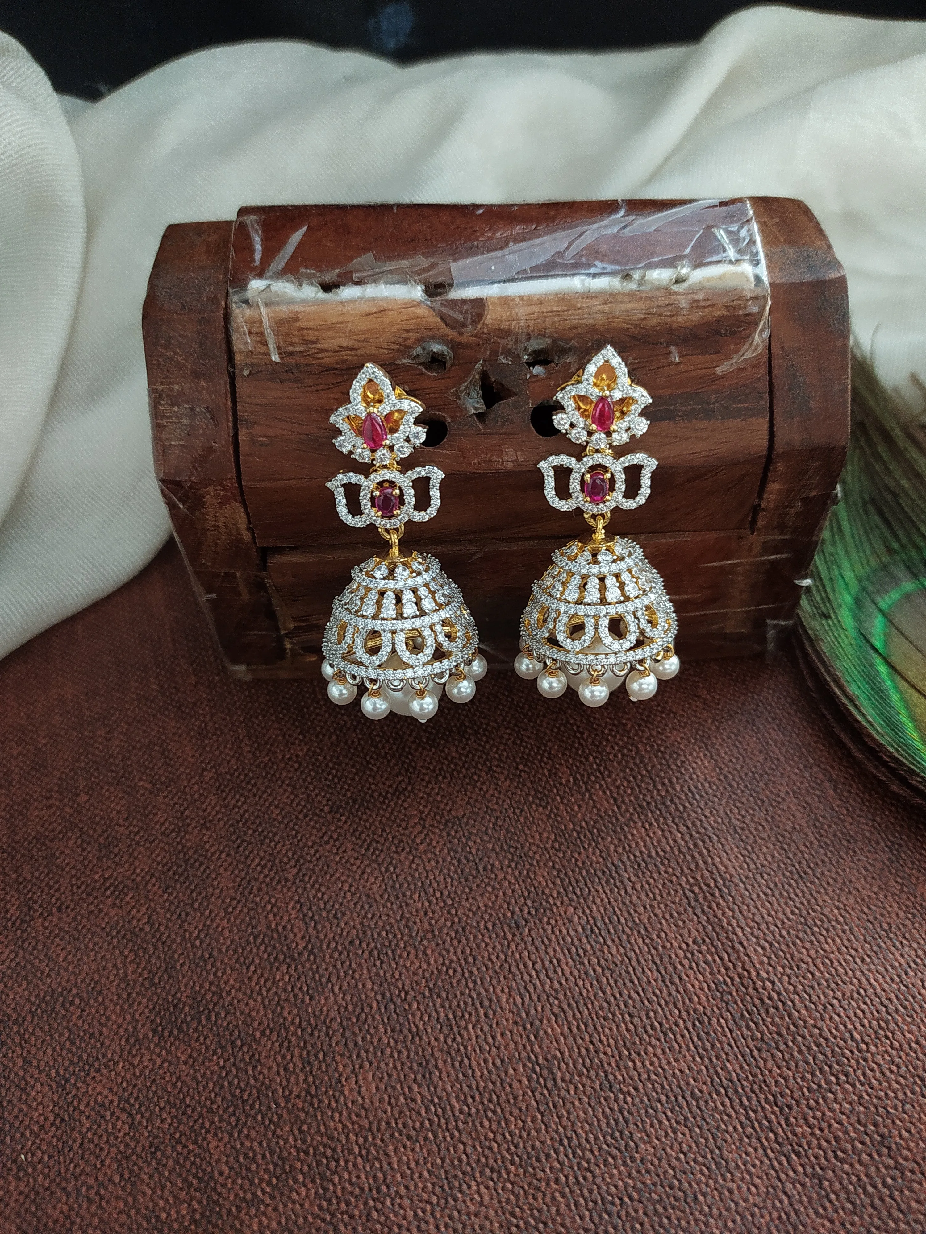 Diamond Finish Zircon Long Haram Set with Ruby and White Stones