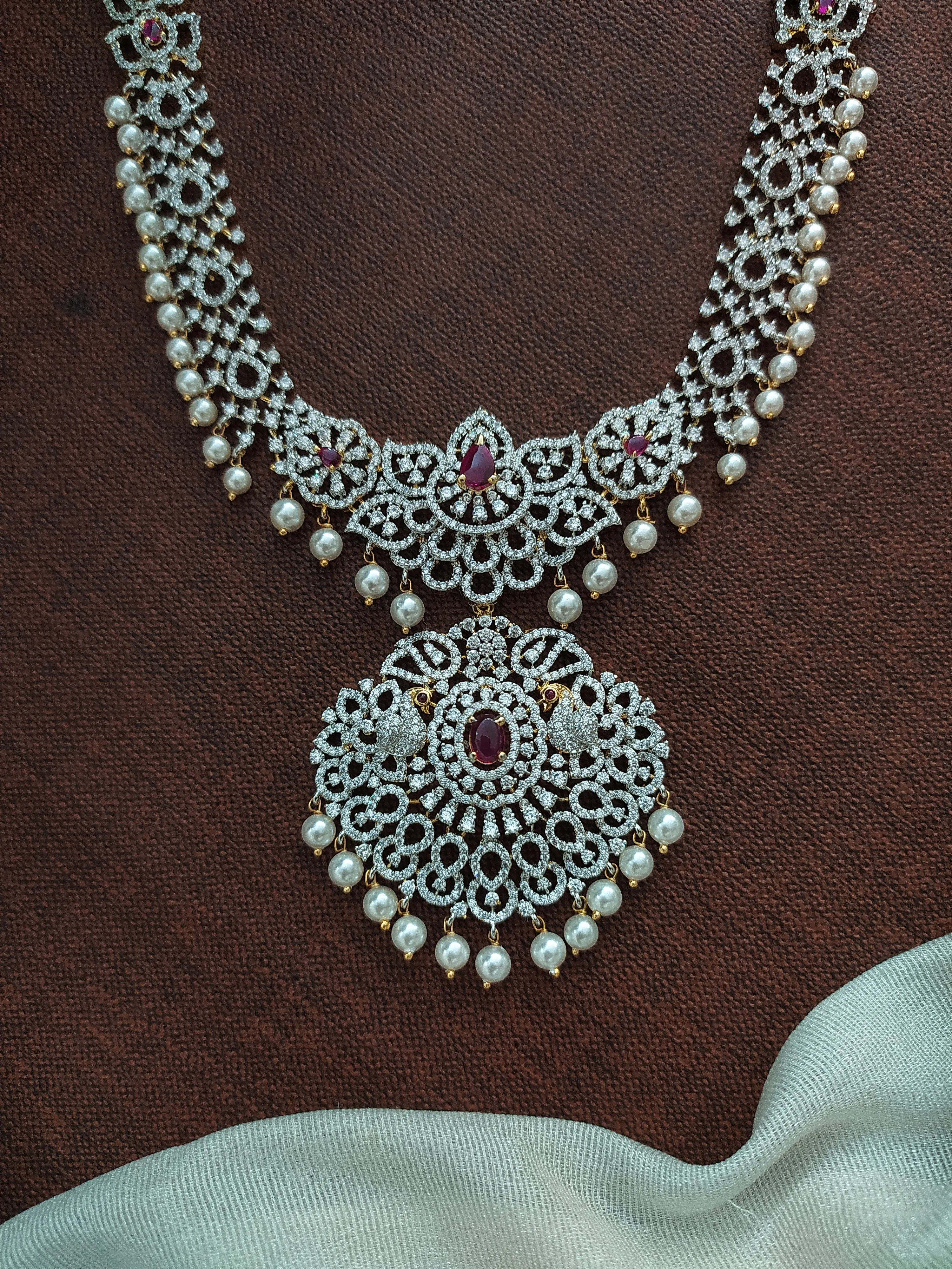 Diamond Finish Zircon Long Haram Set with Ruby and White Stones
