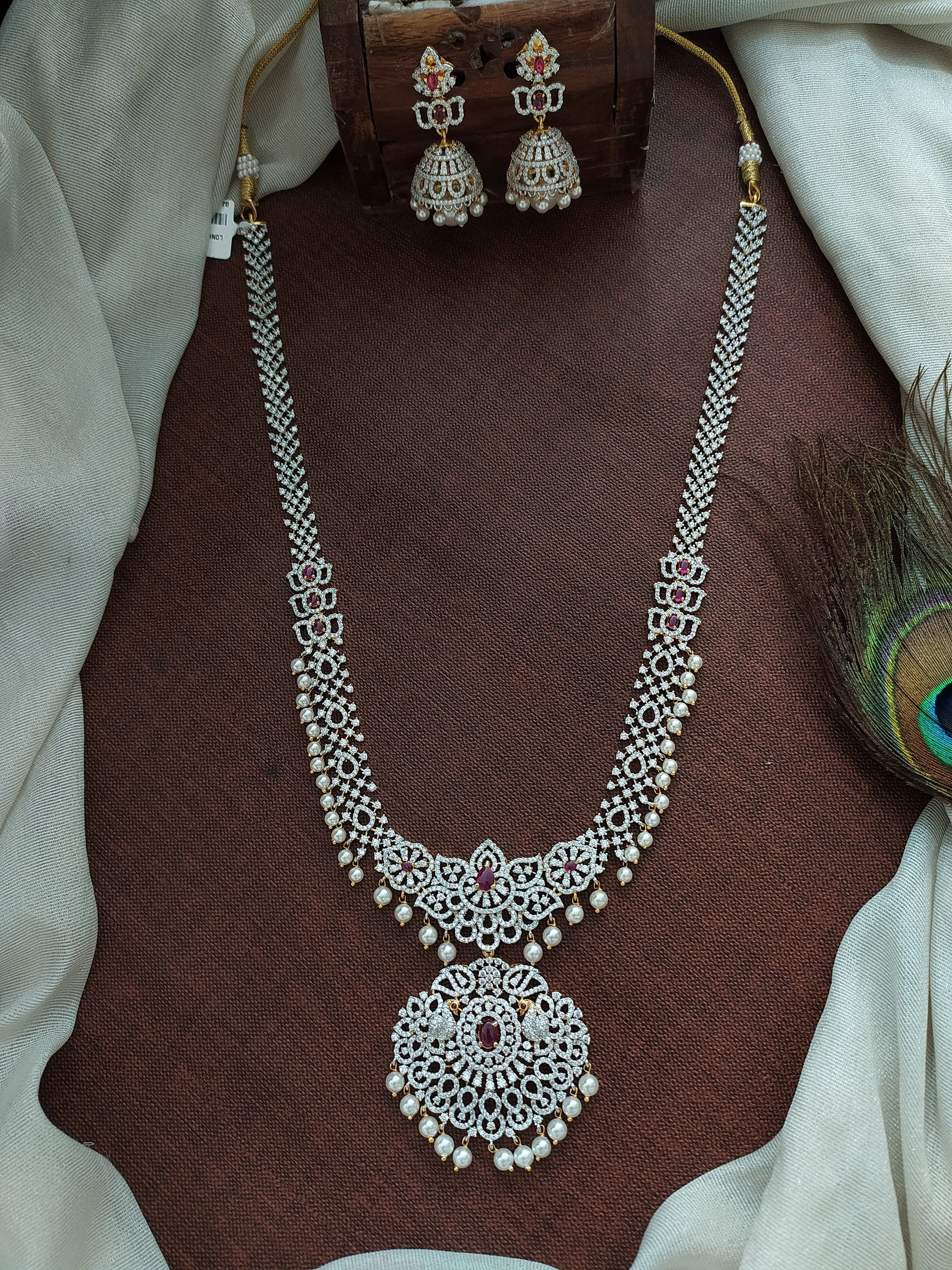 Diamond Finish Zircon Long Haram Set with Ruby and White Stones