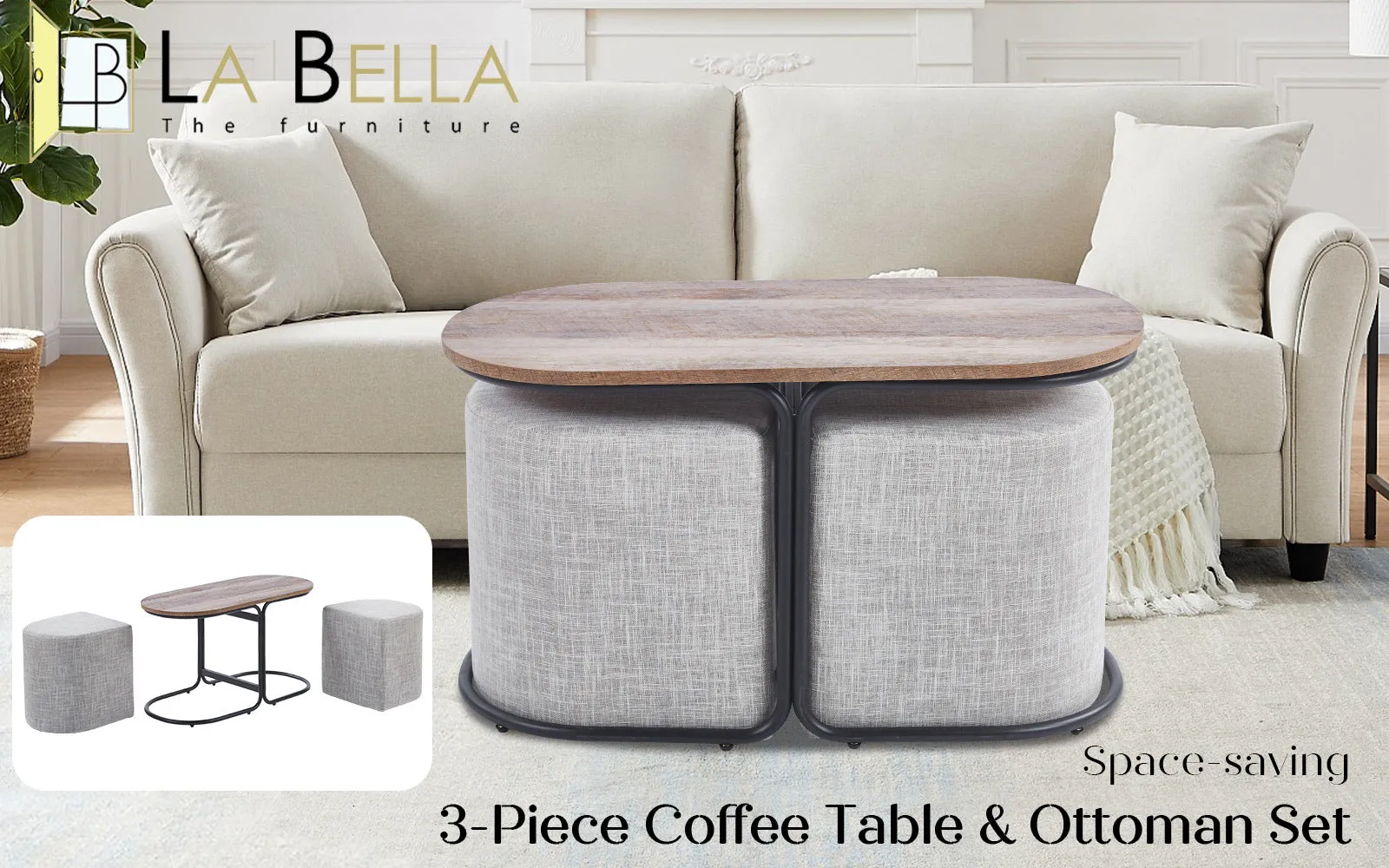 Durable 3 Piece Coffee Table & Ottoman Set, Rustic Industrial - La Bella