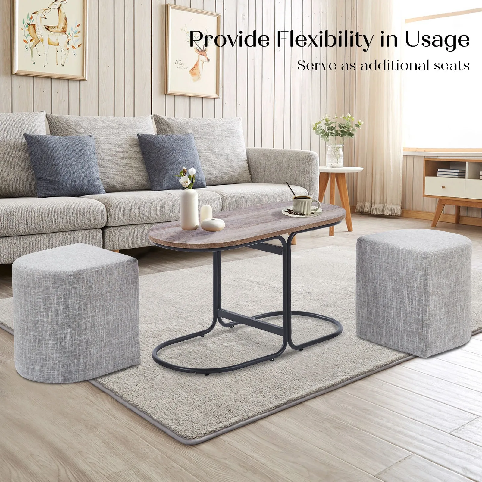 Durable 3 Piece Coffee Table & Ottoman Set, Rustic Industrial - La Bella