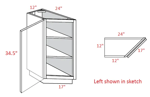 EB22-BTC2412L Elegant Dove Assembled 12" Angle Base Cabinet