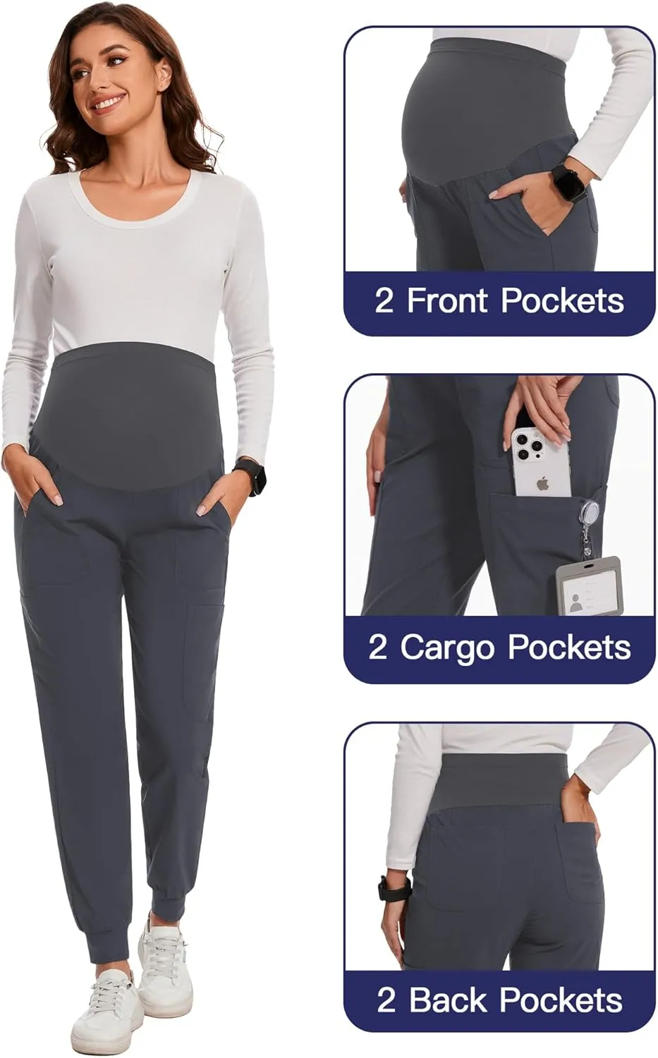 FABRACK Women's Maternity Scrub Jogger Pants Workwear Stretch Comfy Pregnancy Pants with 6 Pockets, S-XXL