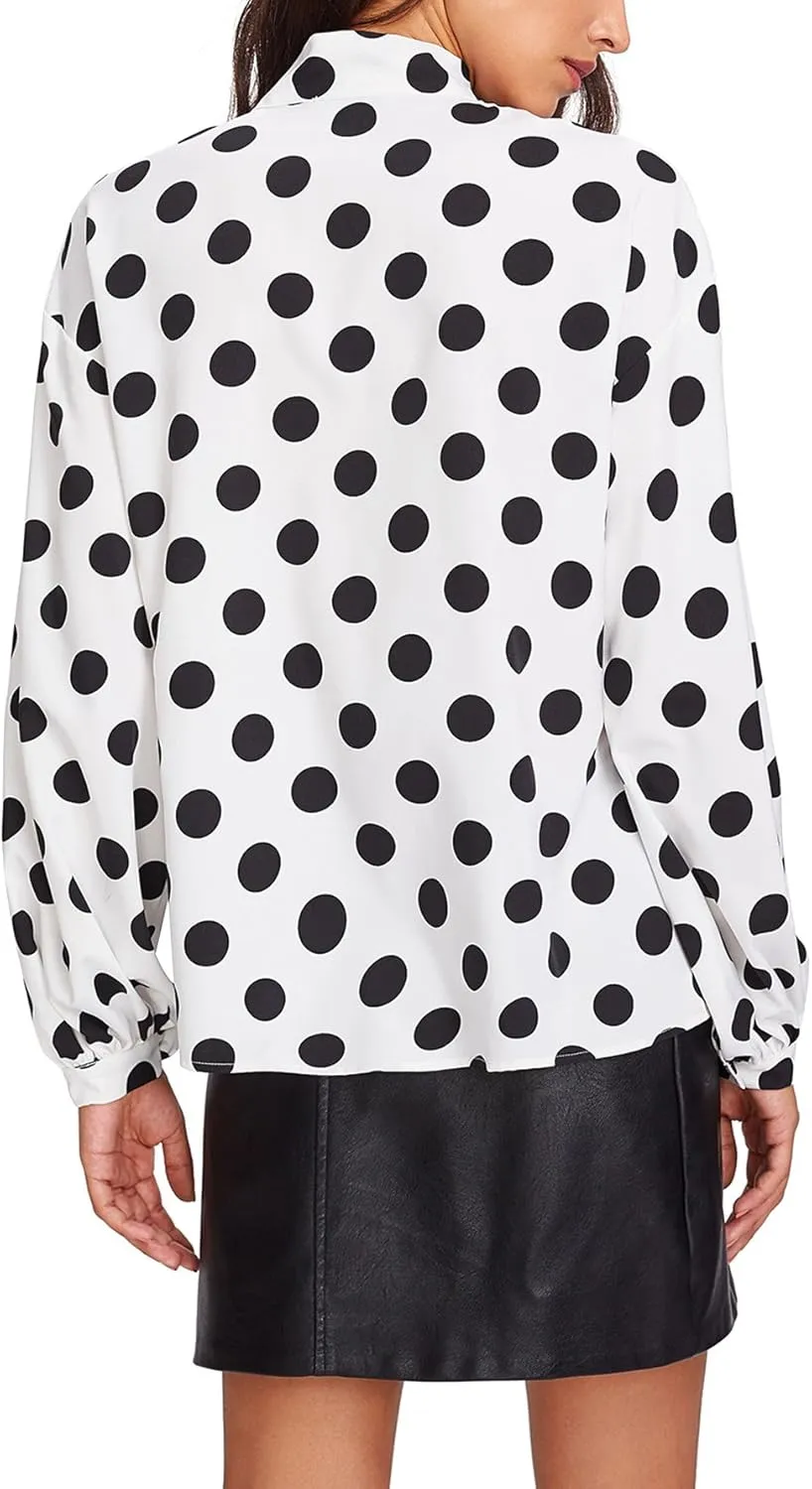 Floerns Women's Printed Bow Tied Neck Lantern Long Sleeve Workwear Shirts Blouse