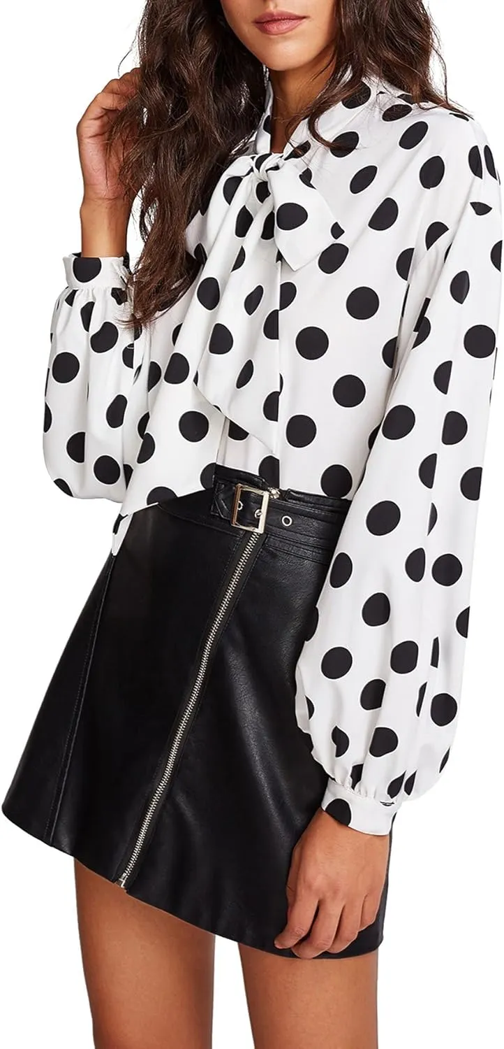 Floerns Women's Printed Bow Tied Neck Lantern Long Sleeve Workwear Shirts Blouse