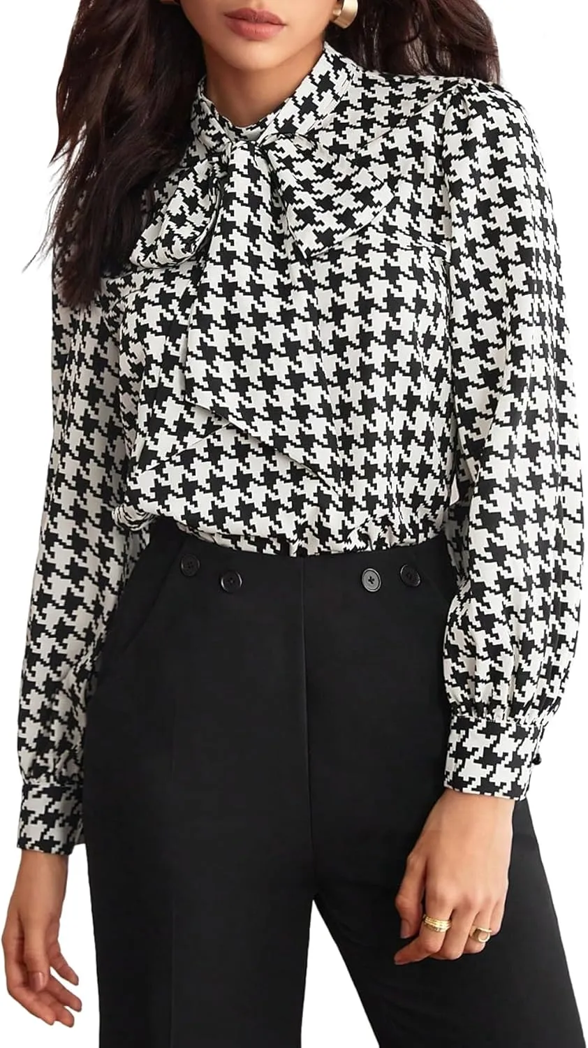 Floerns Women's Printed Bow Tied Neck Lantern Long Sleeve Workwear Shirts Blouse