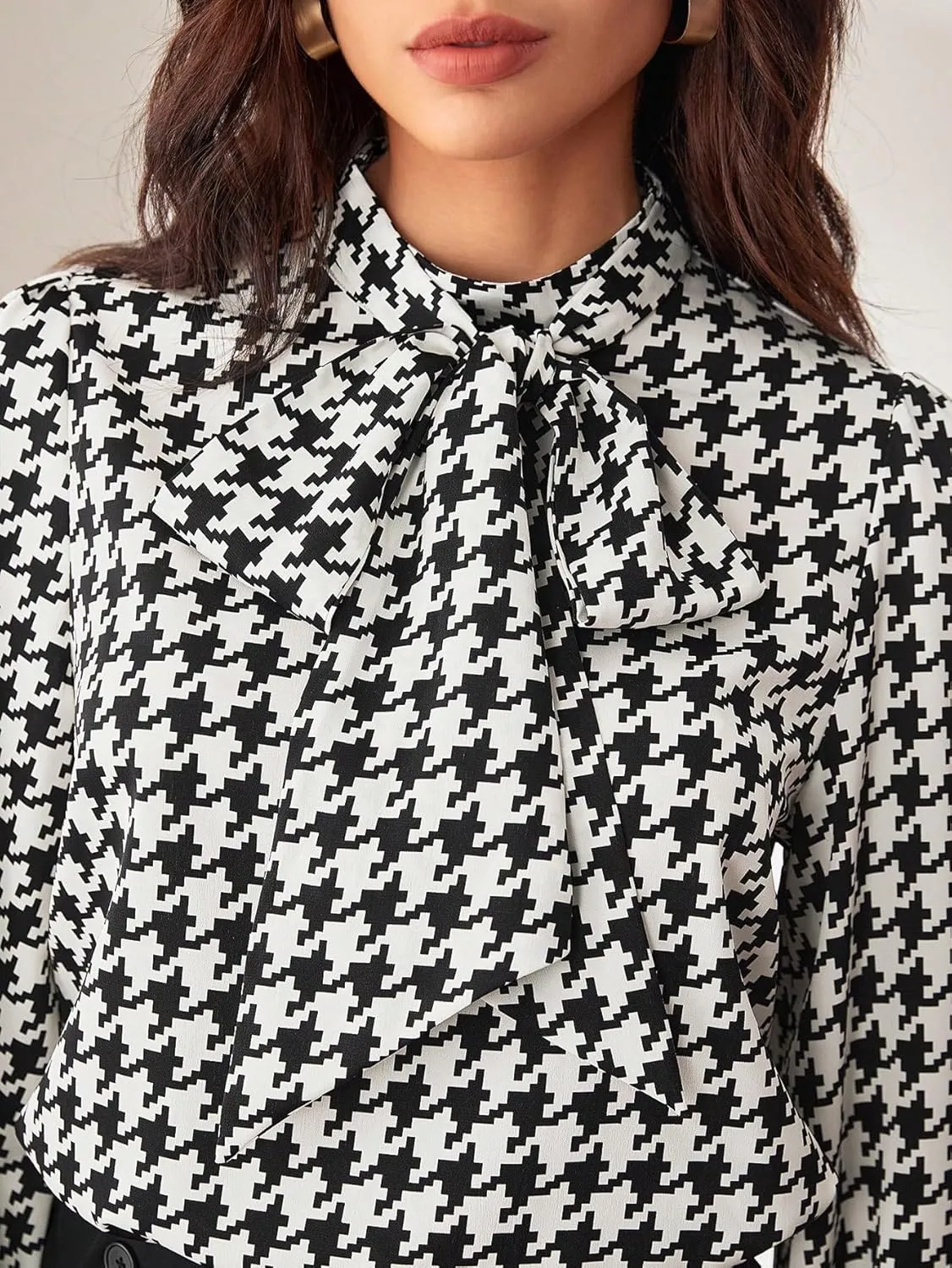 Floerns Women's Printed Bow Tied Neck Lantern Long Sleeve Workwear Shirts Blouse
