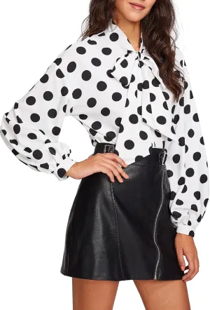 Floerns Women's Printed Bow Tied Neck Lantern Long Sleeve Workwear Shirts Blouse