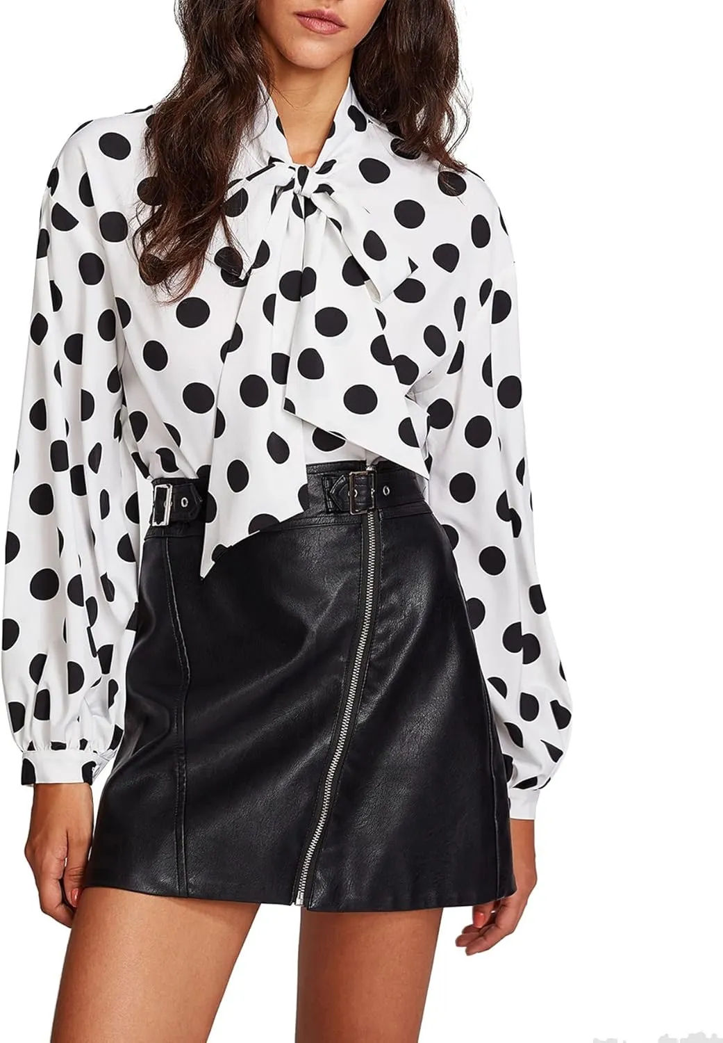 Floerns Women's Printed Bow Tied Neck Lantern Long Sleeve Workwear Shirts Blouse
