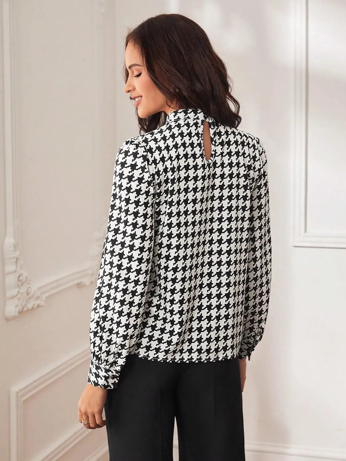 Floerns Women's Printed Bow Tied Neck Lantern Long Sleeve Workwear Shirts Blouse
