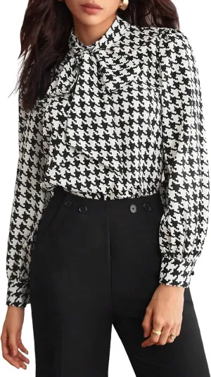 Floerns Women's Printed Bow Tied Neck Lantern Long Sleeve Workwear Shirts Blouse