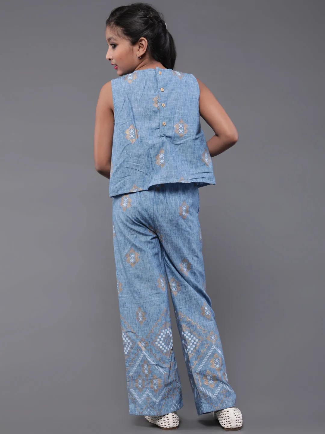 Girl's Blue Gold Printed Jumpsuit - Aks Girls