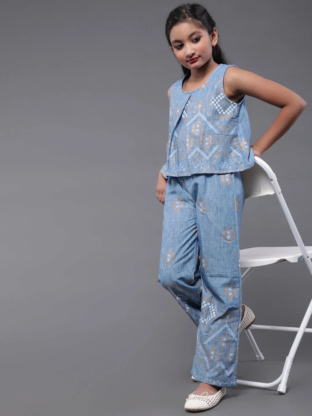 Girl's Blue Gold Printed Jumpsuit - Aks Girls
