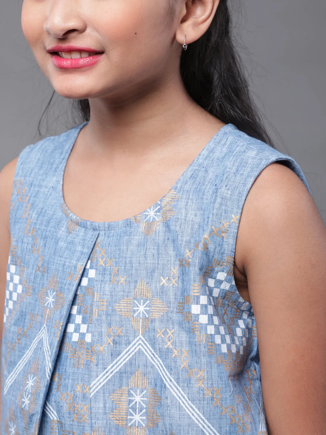 Girl's Blue Gold Printed Jumpsuit - Aks Girls