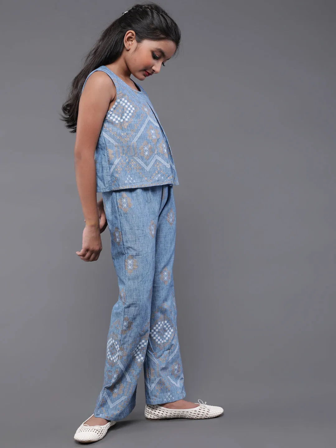 Girl's Blue Gold Printed Jumpsuit - Aks Girls