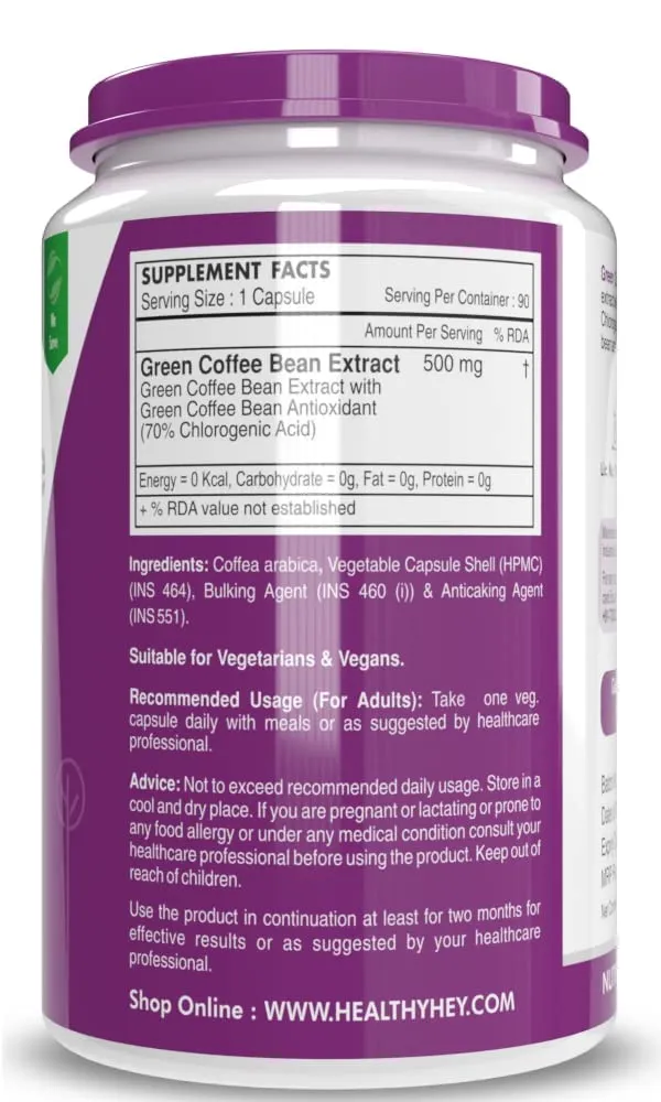 HealthyHey Green Coffee Bean Extract 100% Pure with Antioxidants- 50% Chlorogenic Acid, Non-GMO,90 Count - Pack of 1