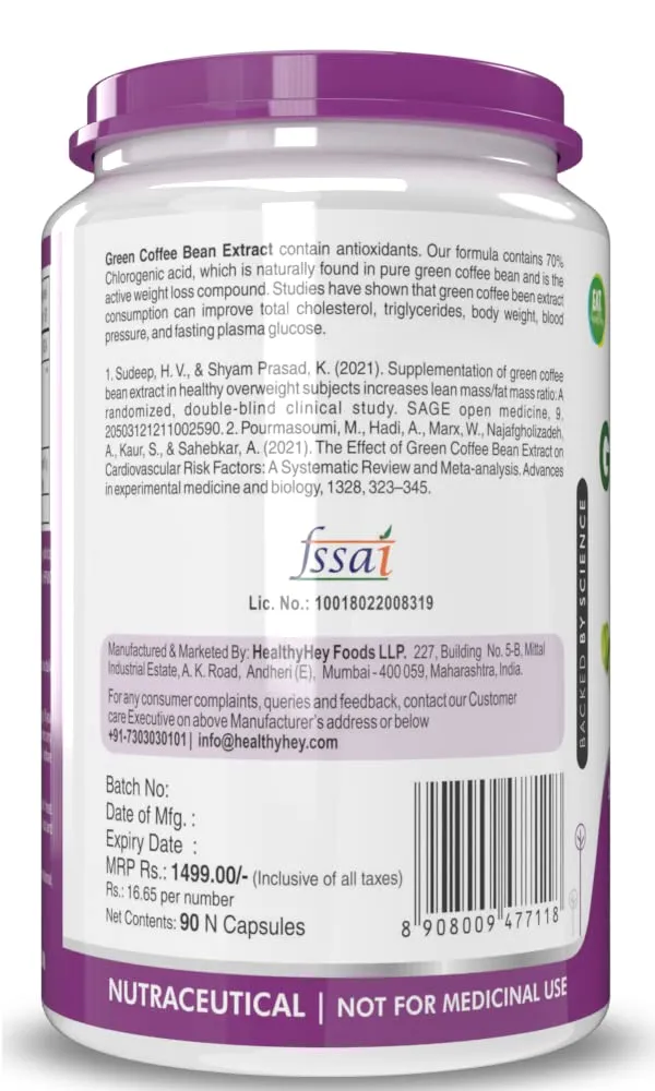 HealthyHey Green Coffee Bean Extract 100% Pure with Antioxidants- 50% Chlorogenic Acid, Non-GMO,90 Count - Pack of 1