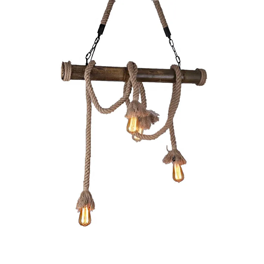 Industrial Island Pendant Light - Exposed Bulb Rope Design - Dining Room Hanging Lamp in Beige (4/8 Light)