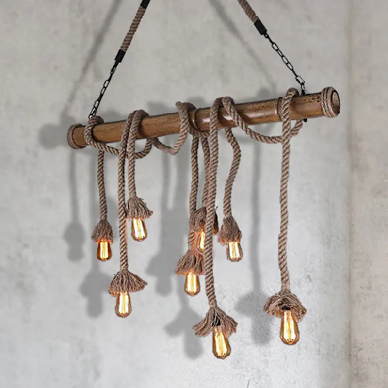 Industrial Island Pendant Light - Exposed Bulb Rope Design - Dining Room Hanging Lamp in Beige (4/8 Light)