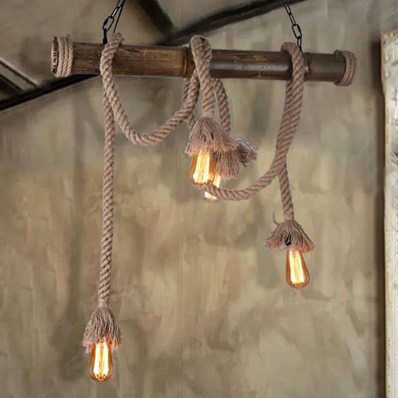 Industrial Island Pendant Light - Exposed Bulb Rope Design - Dining Room Hanging Lamp in Beige (4/8 Light)