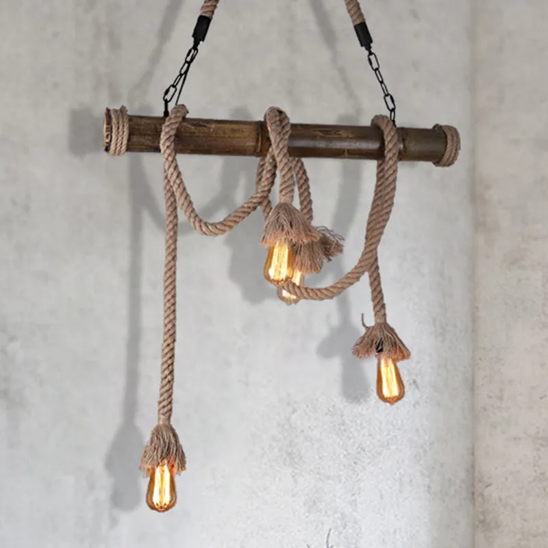 Industrial Island Pendant Light - Exposed Bulb Rope Design - Dining Room Hanging Lamp in Beige (4/8 Light)