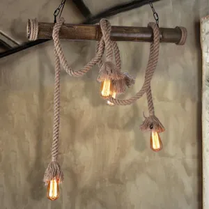 Industrial Island Pendant Light - Exposed Bulb Rope Design - Dining Room Hanging Lamp in Beige (4/8 Light)