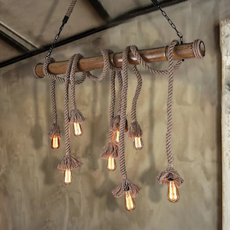Industrial Island Pendant Light - Exposed Bulb Rope Design - Dining Room Hanging Lamp in Beige (4/8 Light)