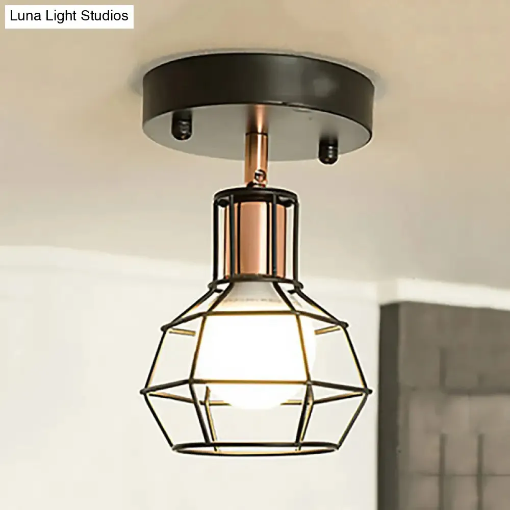 Industrial Metal Dome Ceiling Light with Wire Cage Shade - Black/White