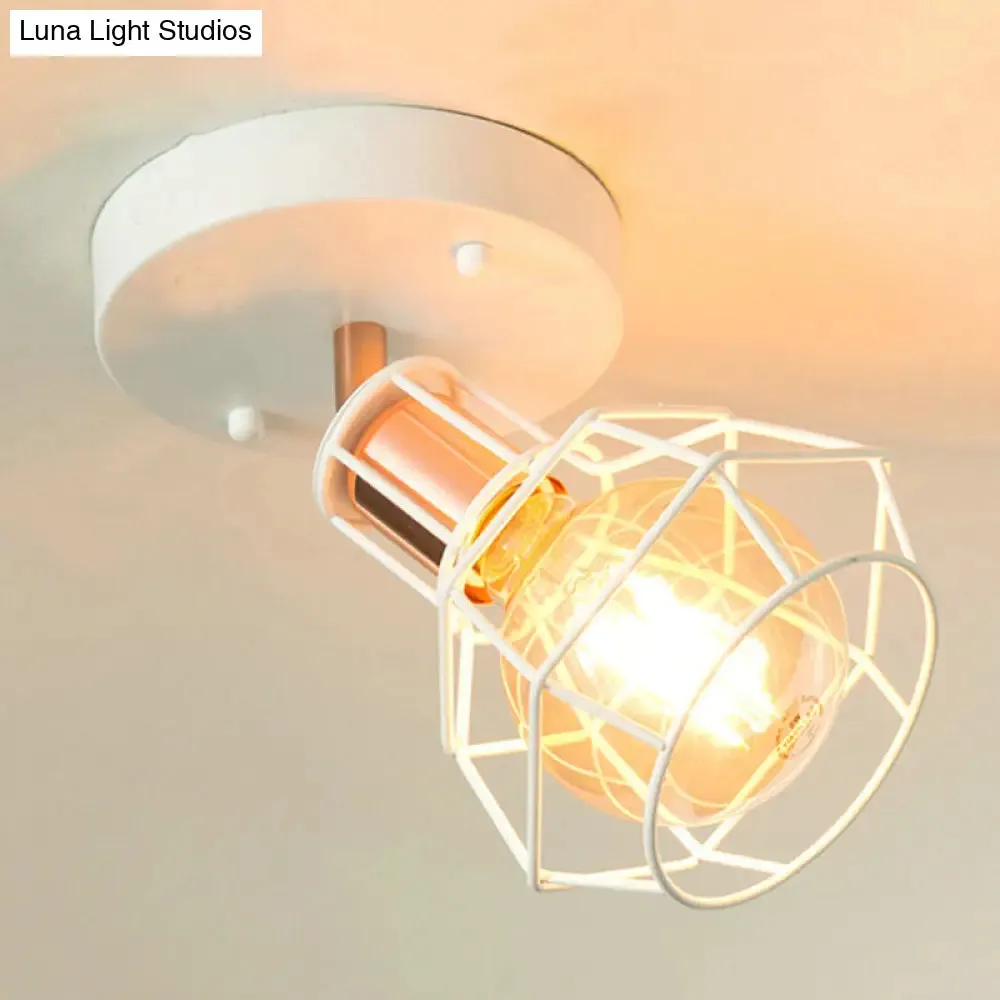 Industrial Metal Dome Ceiling Light with Wire Cage Shade - Black/White