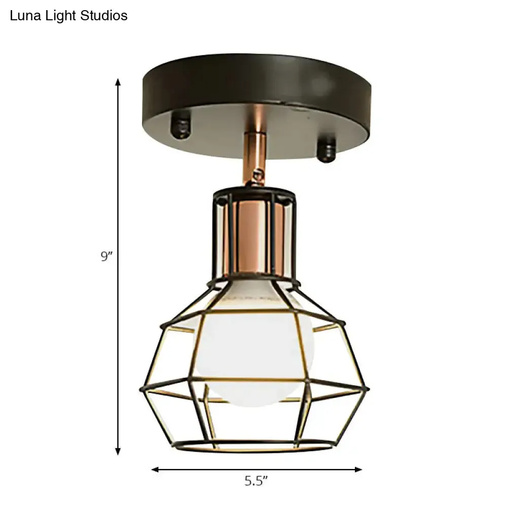 Industrial Metal Dome Ceiling Light with Wire Cage Shade - Black/White
