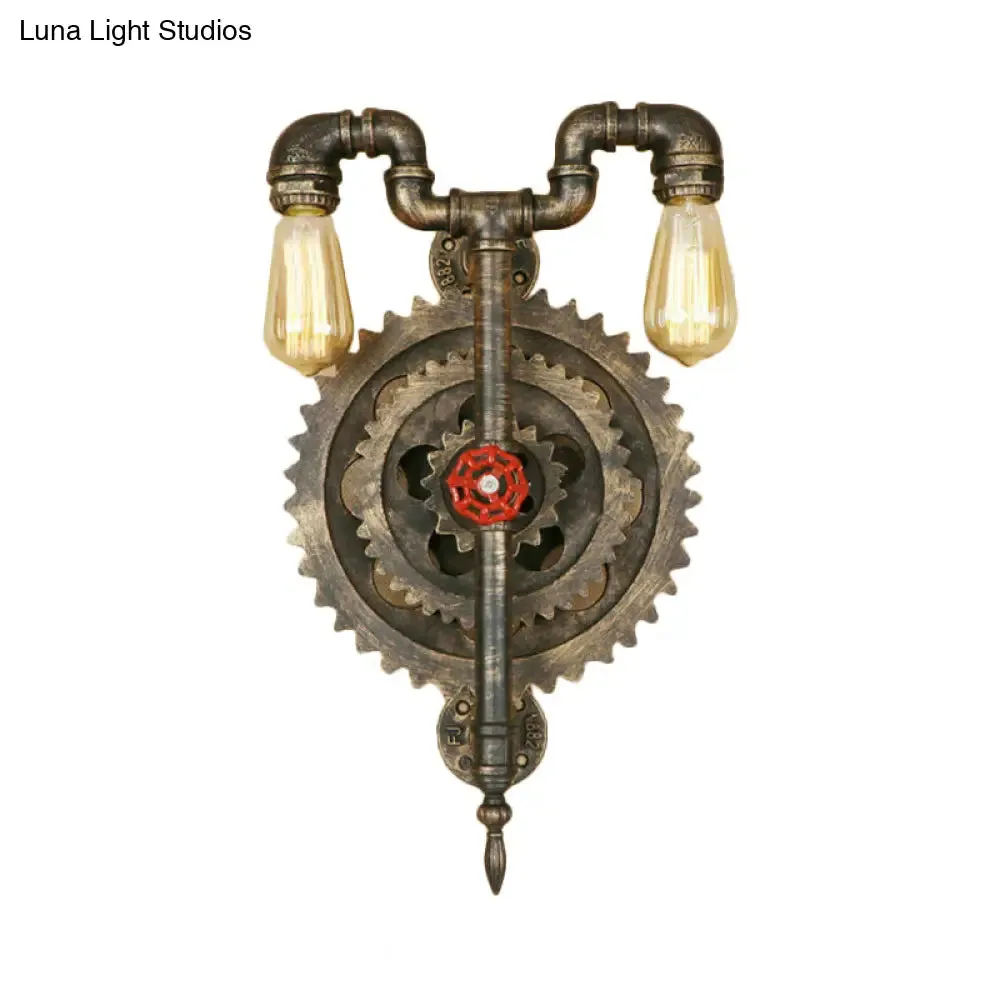 Iron Wall Sconce Light with Exposed Bulbs, Gear, and Pipe Industrial Design - Restaurant Lighting in Bronze (2 Heads)