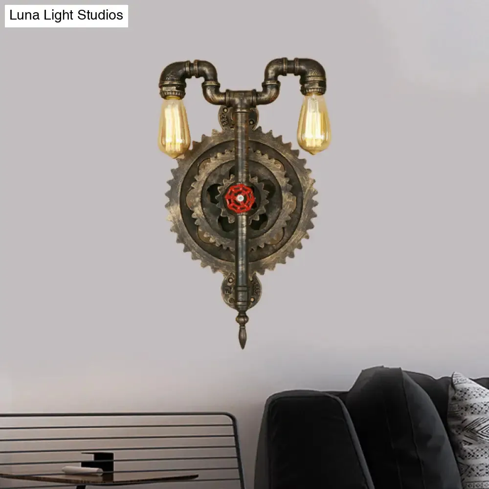 Iron Wall Sconce Light with Exposed Bulbs, Gear, and Pipe Industrial Design - Restaurant Lighting in Bronze (2 Heads)