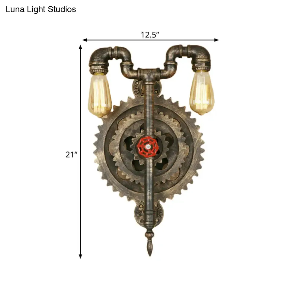 Iron Wall Sconce Light with Exposed Bulbs, Gear, and Pipe Industrial Design - Restaurant Lighting in Bronze (2 Heads)